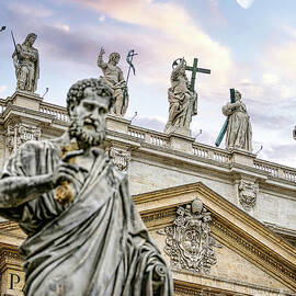 Statue of St Peter holding the key to the gates of heaven in front of St Peter's Basilica by Stefano Senise