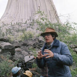 Steven Spielberg Close Encounters of the Third Kind by Devils Tower National Monument 1977 Candid by Silver Screen
