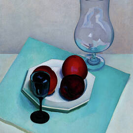 Still life - Blue napkin, three red apples on a white plate by Charles Sheeler by Charles Sheeler