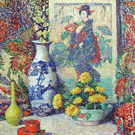 Still life of vases, chrysanthemums and a Japanese print by Lillian Burk Meeser by Lillian Burk Meeser