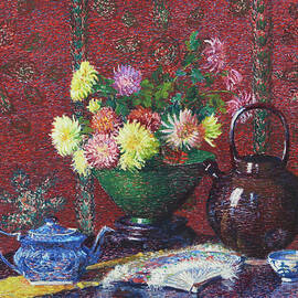 Still life with blue teapot, fan and zinnias by Lillian Burk Meeser by Lillian Burk Meeser
