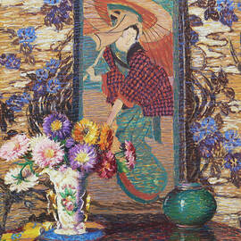 Still life with flowers and a Japanese painting by Lillian Burk Meeser by Lillian Burk Meeser