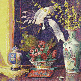 Still life with roses, forsythia and Chinese porcelain by Lillian Burk Meeser by Lillian Burk Meeser