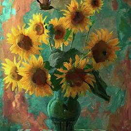 Sunflowers In A Vase Digital Oil Painting by Nature Oil Painting
