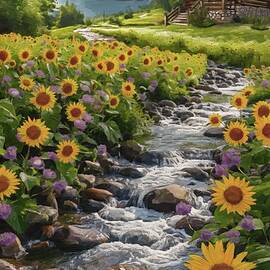 Sunflowers In The Cabin Digital Oil Painting by Nature Oil Painting