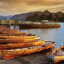 Sunset at Keswick Landing Stages, Derwent Water, Lake District, Cumbria, England by Neale And Judith Clark