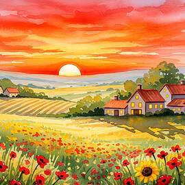 Sunset Over Countryside Fields by The Luxury Art Collection