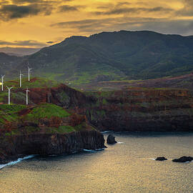 Sunset view of wind turbines for electricity production in Madeira, Portugal by Miroslav Liska