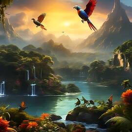 Surreal Depiction of the Amazon Rainforest with Exotic Birds No 1 by Andre Petrov