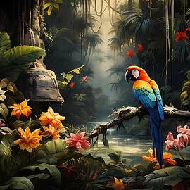 Surreal Depiction of the Amazon Rainforest with Exotic Birds No 2 by Andre Petrov