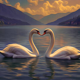 Swans at Sunset in Lake Geneva Painting  by Nature Oil Painting
