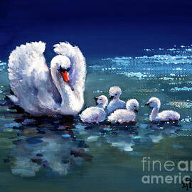 Swan Mother And Chicks by Wan Weisheng