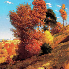 Szinyei Merse paintings - Autumn, landscape with fall colored trees on a hillside by Szinyei Merse Pal