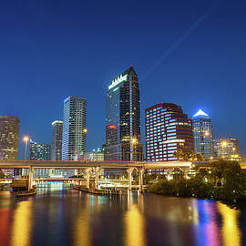 Tampa skyline at night with Hillsborough river in the foreground by Miroslav Liska