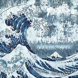 The Great Wave off Kanagawa with wood texture effect and in blue color by Nicko Prints