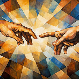The hands detail from the creation of Adam by Michelangelo - cubist painting by Nicko Prints