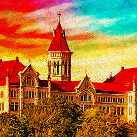 The Main Building of St. Edward's University in Austin, Texas, at sunset - digital painting by Nicko Prints