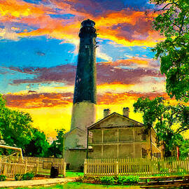 The Pensacola lighthouse and maratime museum at sunset - digital painting by Nicko Prints