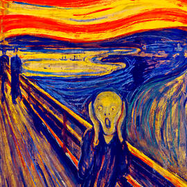 The Scream by Edvard Munch - colorful digital recreation in blue, red and yellow  by Nicko Prints