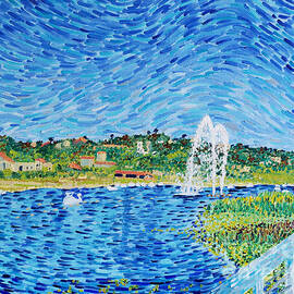 The Swan Boats in Echo Park Oil Painting by Michel Cruz-Garcia