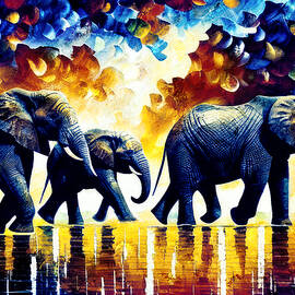 Three elephants walking on a wet surface - colorful digital painting in blue, yellow and red by Nicko Prints