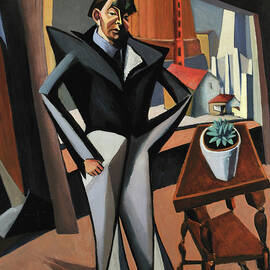 Tihanyi Lajos paintings - Self portrait interior, in front of a window, cubist by Tihanyi Lajos