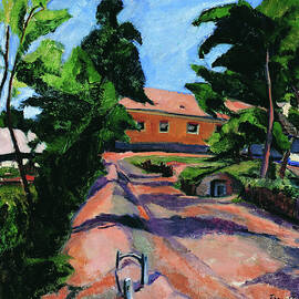 Tihanyi Lajos paintings - Summer in Szecsenykovacsi, Kovacovce, village road with trees, early 1900s by Tihanyi Lajos