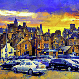 Town of Lerwick seen from the harbor at sunset - digital painting by Nicko Prints