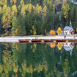 Tranquil Lake Braies with Autumn Trees by Elvira Peretsman