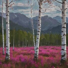 Tree paintings of peaceful birch trees and mountains by Nature Oil Painting