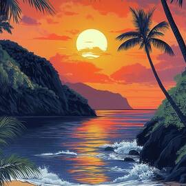 Tropical Hawaiian SunsetHawaii Sunset Vintage Travel Poster by Travel Poster art print