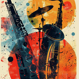 Vibrant abstract jazz event poster featuring saxophones and drum