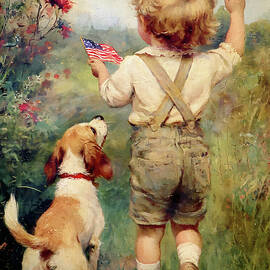 Vintage Child Holding American Flag with Dog in Countryside Poster