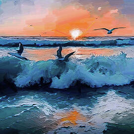 Beach Sunset Digital Oil Painting by Nature Oil Painting