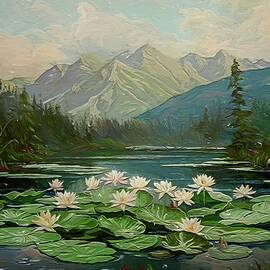 Waterlily In A Beautiful Lake Digital Oil Painting 2 by Nature Oil Painting