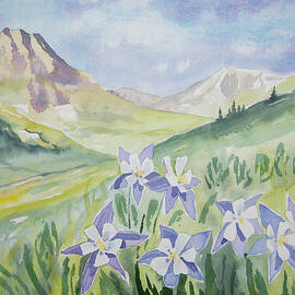 Watercolor - Handie's Peak Landscape with Blue Columbine by Cascade Colors