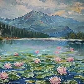 Waterlily In A Beautiful Lake Digital Oil Painting by Nature Oil Painting