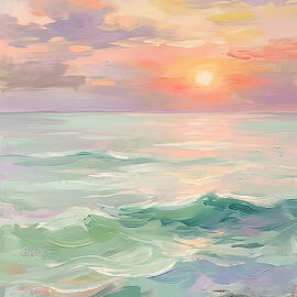 Waves Ocean Sunset by Nature Oil Painting