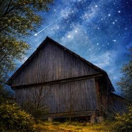 Weathered wooden cottage under a beautiful night sky - digital painting by Nicko Prints