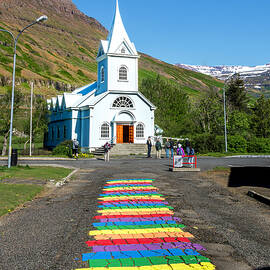 Whimsical Rainbow Path to the Blue Church by Debra Martz