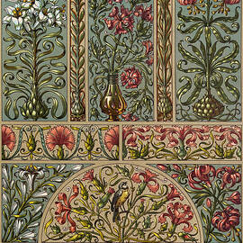 White and Purple Lilies with Pink Carnation motif -  Art Nouveau illustrations by Anton Seder by Anton Seder