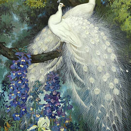 White peacocks and blue delphinium by Jessie Arms Botke by Jessie Arms Botke