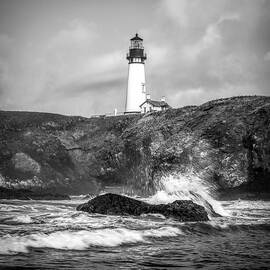 Yaquina Head Lighthouse And Wave Black And White by Dan Sproul