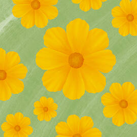 Yellow Cosmos Flowers on Green by Snow Iris Studio