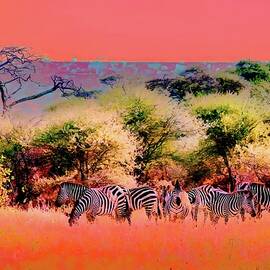 Zebras in Vibrant African Landscape by Bruce Block