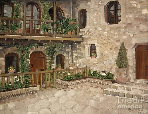 Painting - Greek Courtyard - Agiou Stefanou Monastery -Balcony by Jan Dappen