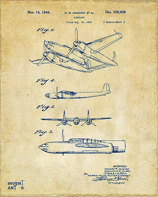 Pilot Digital Art - 1944 Howard Hughes Airplane Patent Artwork 2 Red by Nikki Marie Smith