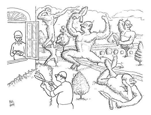 Gardening Drawing - A Woman Is Seen Speaking To A Man Who Is Pruning #1 by Paul Noth