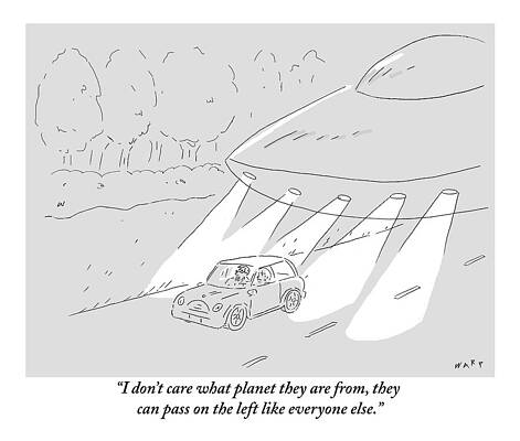 Alien Wall Art featuring the drawing An Airborne Alien Spaceship Tails A Car #1 by Kim Warp