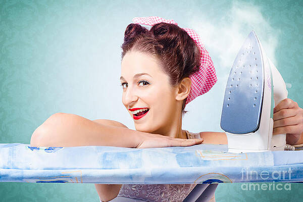 Wall Art featuring the photograph Cleaning Pin-up Housewife With Hot Clothing Iron by Jorgo Photography
